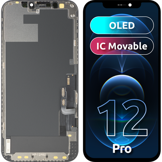 Дисплей с тъчскрийн MP съвместим с Apple iPhone 12 / 12 Pro, с рамка, версия OLED FHD IC Movable, черен