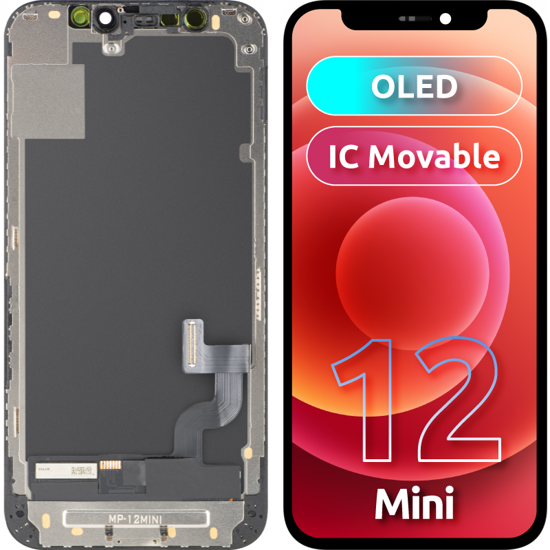 Дисплей с MP сензорен екран, съвместим с Apple iPhone 12 mini, с рамка, OLED FHD версия с подвижен IC, черен