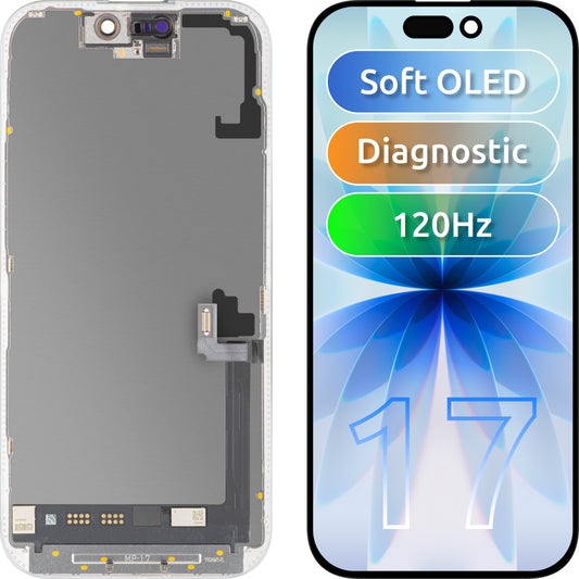 Дисплей с MP сензорен екран, съвместим с Apple iPhone 17, с рамка, софтуерна версия OLED FHD 120Hz диагностичен, черен