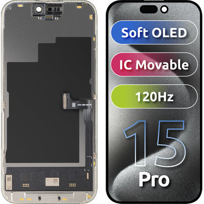 Дисплей с тъчскрийн MP, съвместим с Apple iPhone 15 Pro, с рамка, версия Soft OLED IC Movable 120Hz FHD, черен