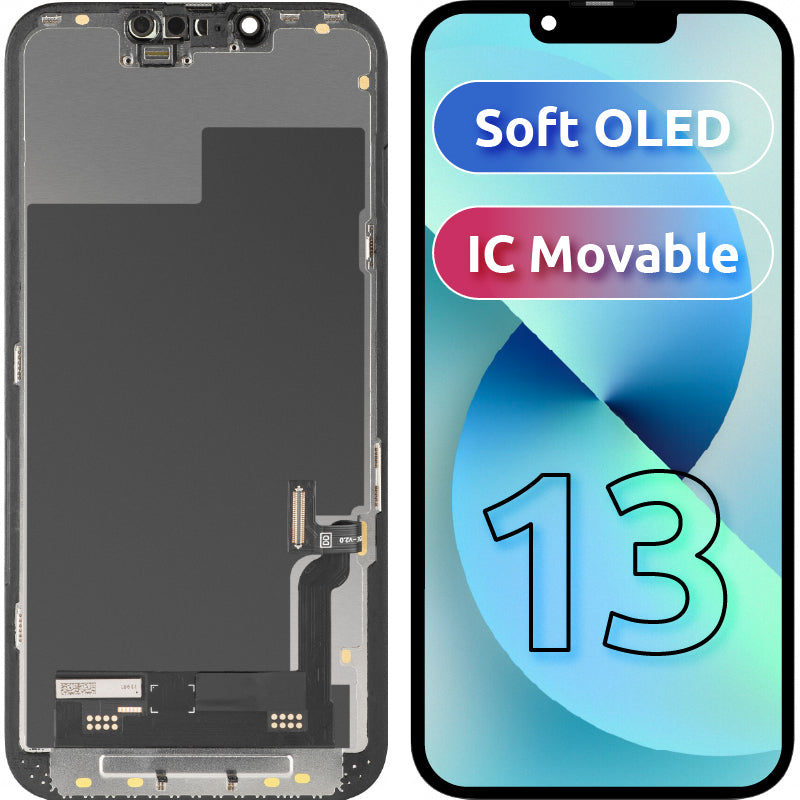 Дисплей с тъчскрийн MP, съвместим с Apple iPhone 13, с рамка, версия Soft OLED IC Movable FHD, черен
