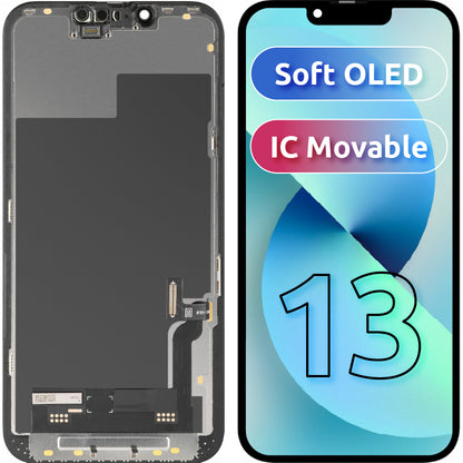 Дисплей с тъчскрийн MP, съвместим с Apple iPhone 13, с рамка, версия Soft OLED IC Movable FHD, черен