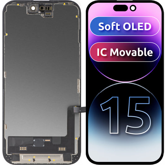 Дисплей с тъчскрийн MP, съвместим с Apple iPhone 15, с рамка, версия Soft OLED FHD IC Movable, черен