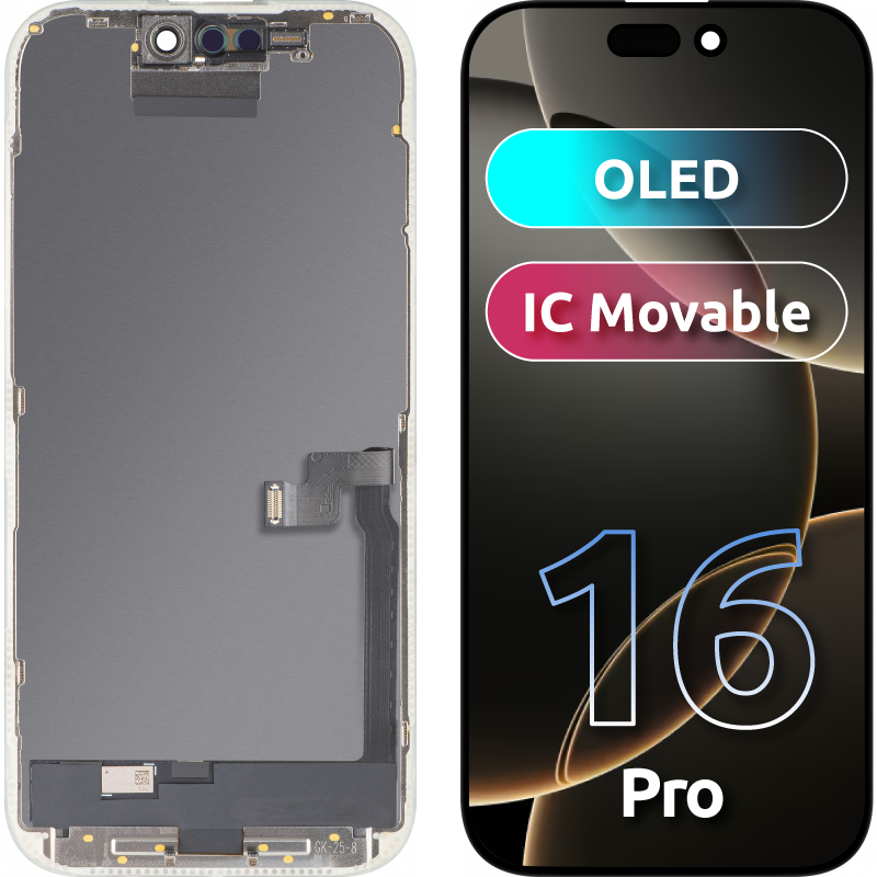 Дисплей с тъчскрийн MP, съвместим с Apple iPhone 16 Pro, с рамка, версия OLED FHD IC Movable, черен