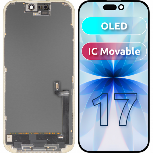 Дисплей с MP сензорен екран, съвместим с Apple iPhone 17, с рамка, OLED FHD версия IC Movable, черен