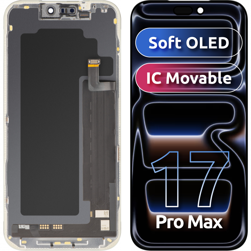 Дисплей с MP сензорен екран, съвместим с Apple iPhone 17 Pro Max, с рамка, версия Soft OLED FHD IC Movable, черен