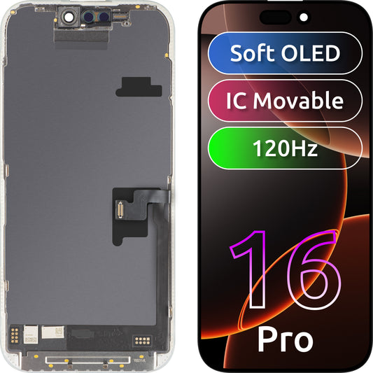 Дисплей с тъчскрийн MP, съвместим с Apple iPhone 16 Pro, с рамка, версия Soft OLED FHD 120Hz IC Movable, черен