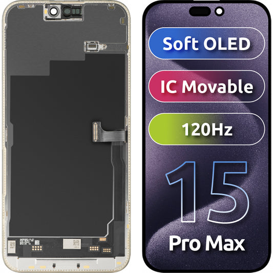 Дисплей с тъчскрийн MP, съвместим с Apple iPhone 15 Pro Max, с рамка, версия Soft OLED IC Movable 120Hz FHD, черен