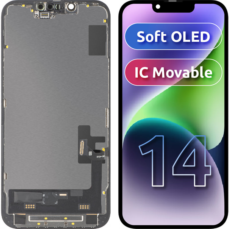Дисплей с тъчскрийн MP, съвместим с Apple iPhone 14, с рамка, версия Soft OLED IC Movable FHD, черен