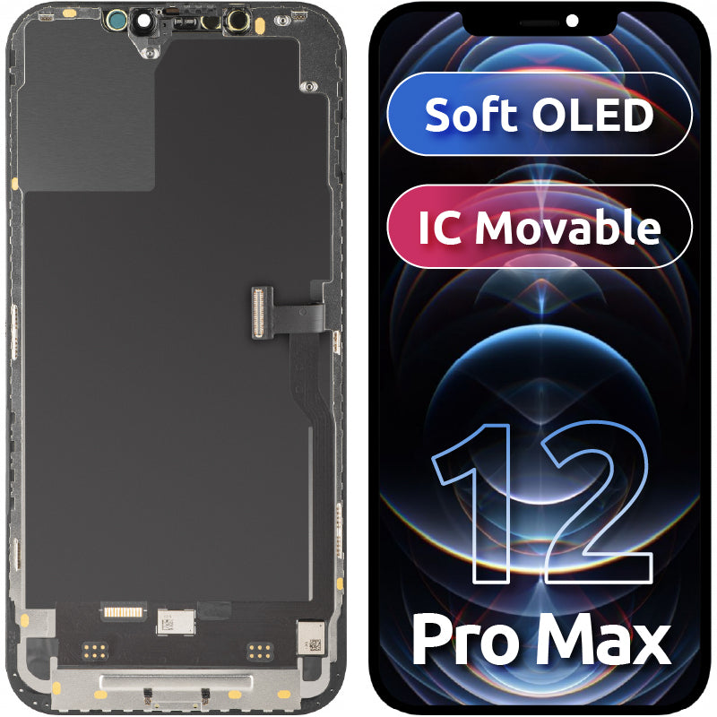 Дисплей с тъчскрийн MP, съвместим с Apple iPhone 12 Pro Max, с рамка, версия Soft OLED IC Movable FHD, черен