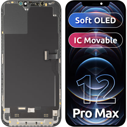 Дисплей с тъчскрийн MP, съвместим с Apple iPhone 12 Pro Max, с рамка, версия Soft OLED IC Movable FHD, черен