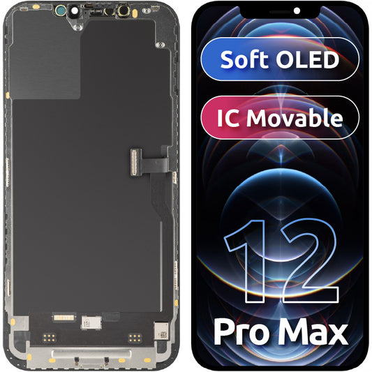 Дисплей с тъчскрийн MP, съвместим с Apple iPhone 12 Pro Max, с рамка, версия Soft OLED IC Movable FHD, черен