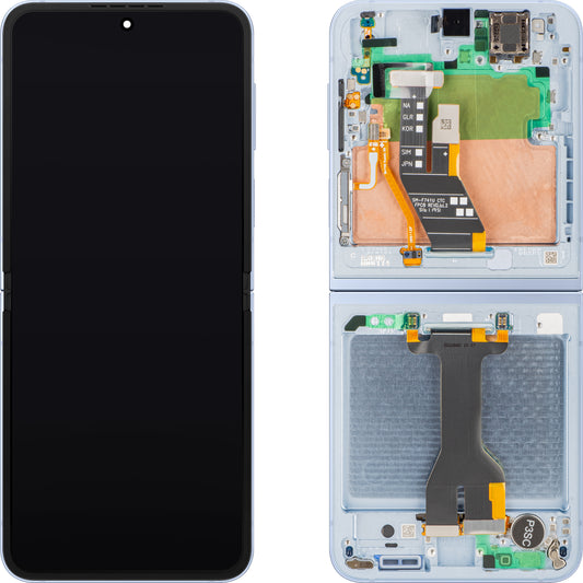 Дисплей с тъчскрийн Samsung Galaxy Z Flip6 F741, с рамка, подложка, син, сервизен пакет GH82-35014C