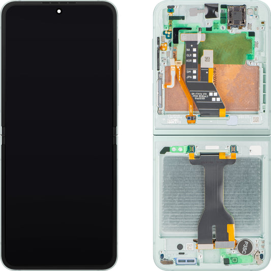 Дисплей с тъчскрийн Samsung Galaxy Z Flip6 F741, с рамка, под вътрешен слой, зелен (Ментов), комплект за сервиз GH82-35014D