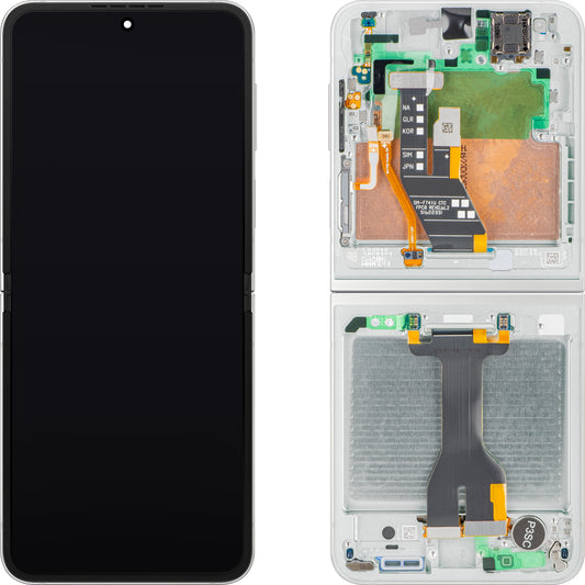 Дисплей с тъчскрийн Samsung Galaxy Z Flip7 FE F761, с рамка, подложка, бял, сервизен пакет GH82-37734B