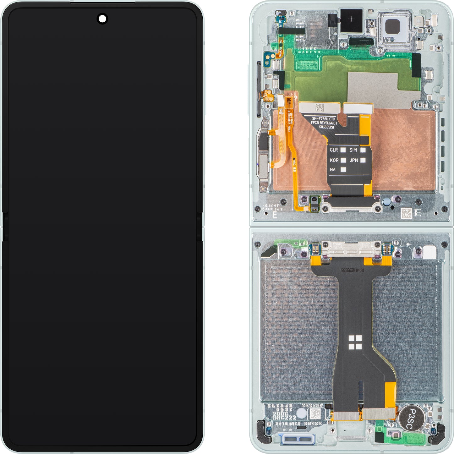 Дисплей с тъчскрийн Samsung Galaxy Z Flip7 F766, с рамка, под вътрешна част, зелен (мента), сервизен пакет GH82-37581E