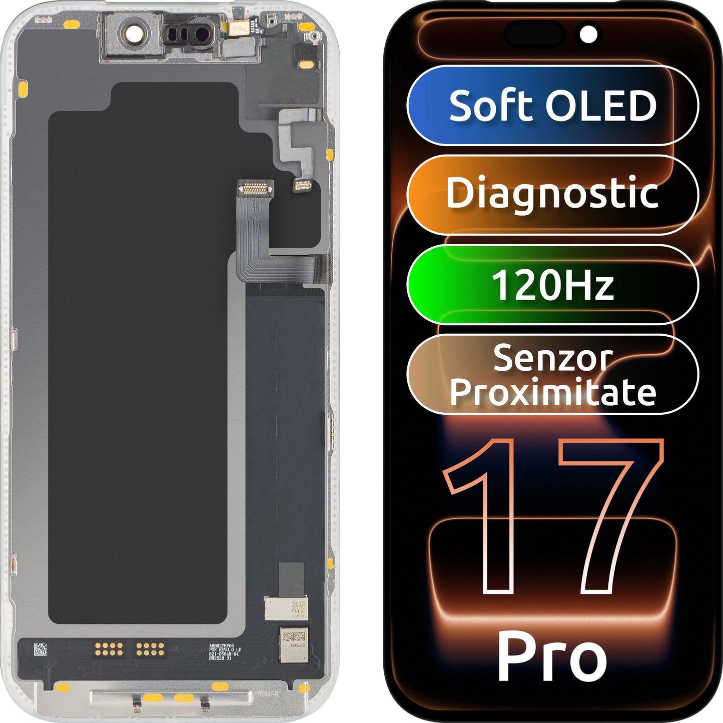Дисплей с тъчскрийн и сензор за близост и светлина MP, съвместим с Apple iPhone 17 Pro, с рамка, софтуерна версия OLED FHD 120Hz диагностичен, черен