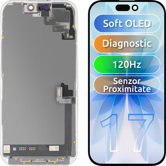 Дисплей с тъчскрийн и сензор за близост MP, съвместим с Apple iPhone 17, с рамка, софтуерна версия OLED FHD 120Hz Diagnostic, черен