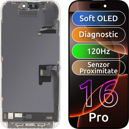 Дисплей с тъчскрийн и сензор за близост и светлина MP, съвместим с Apple iPhone 16 Pro, с рамка, софтуерна версия OLED FHD 120Hz диагностичен, черен
