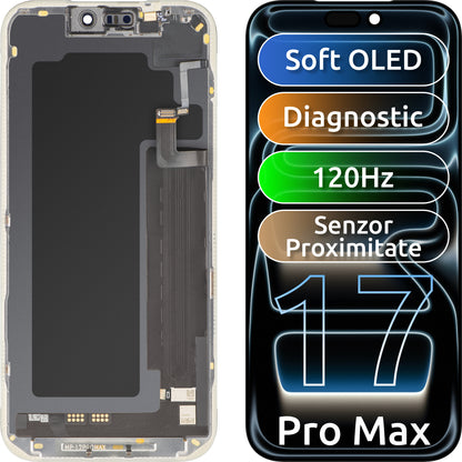 Дисплей с тъчскрийн и сензор за близост и светлина MP, съвместим с Apple iPhone 17 Pro Max, с рамка, софтуерна версия OLED FHD 120Hz диагностичен, черен