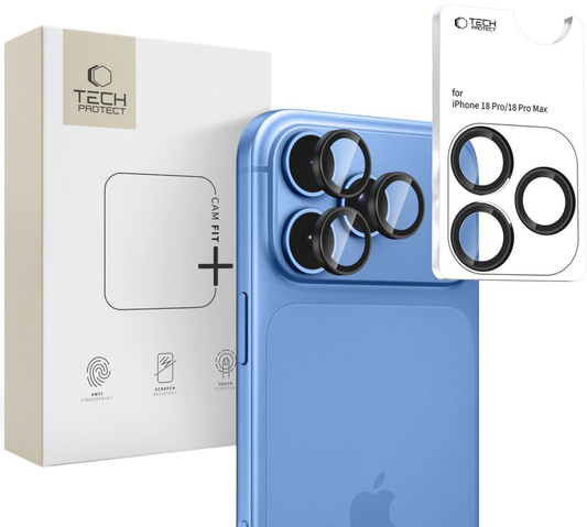 Протектор за задна камера Tech-Protect CamRing Fit+ за Apple iPhone 18 Pro / 18 Pro Max, закалено стъкло, черен