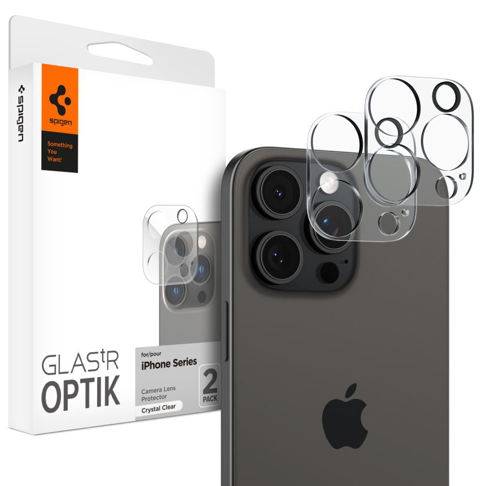 Spigen Optik Защитно фолио за задна камера за Apple iPhone 15 Pro Max / 15 Pro, защитено от стъкло, пълно залепване, комплект 2 броя, прозрачно