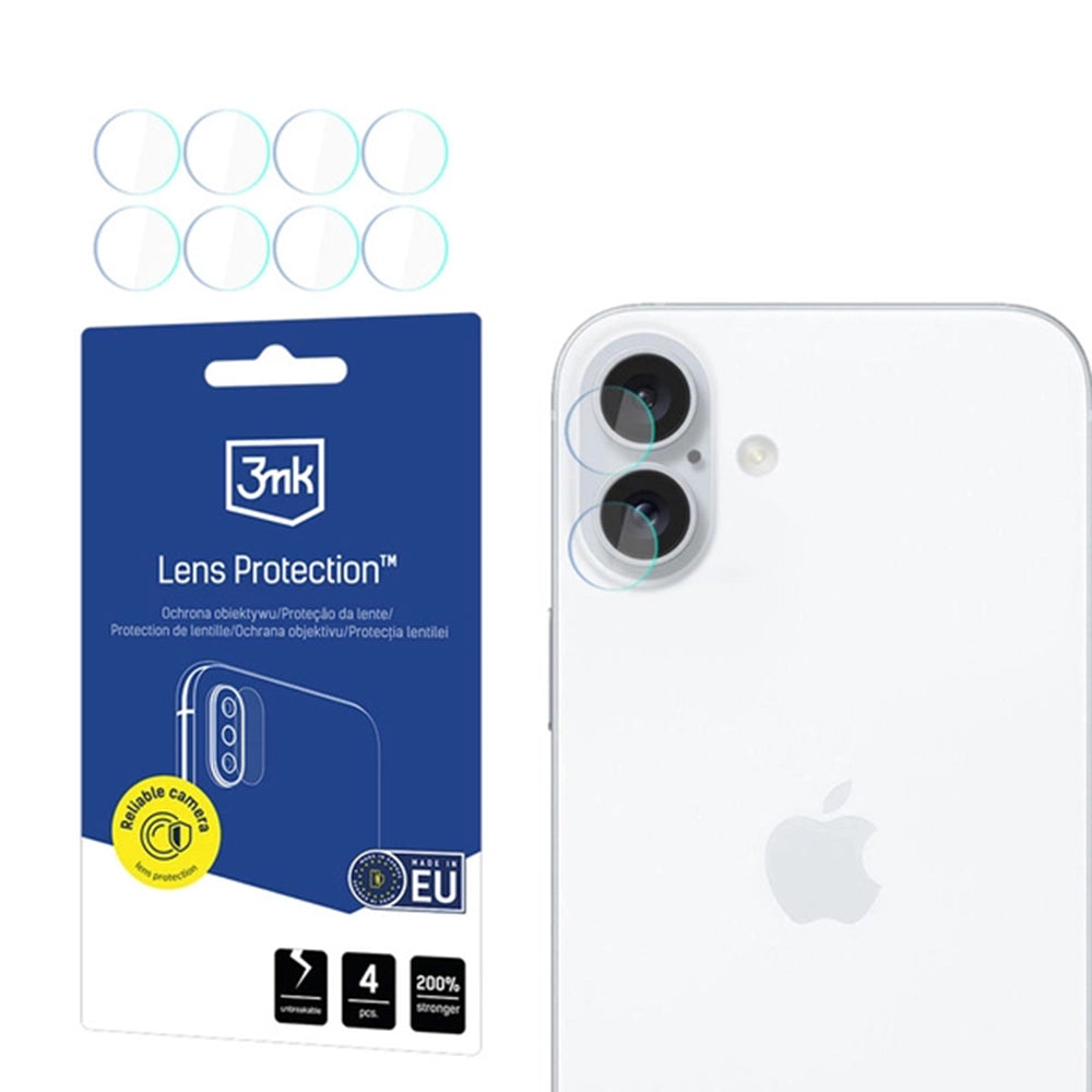 Протектор за задна камера 3MK Protection за Apple iPhone 16, гъвкаво стъкло, комплект от 4 броя, прозрачен
