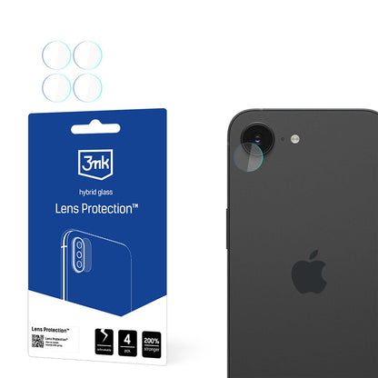 Протектор за задна камера 3MK Protection за Apple iPhone 17e / 16e, гъвкаво стъкло, комплект от 4 броя, прозрачен