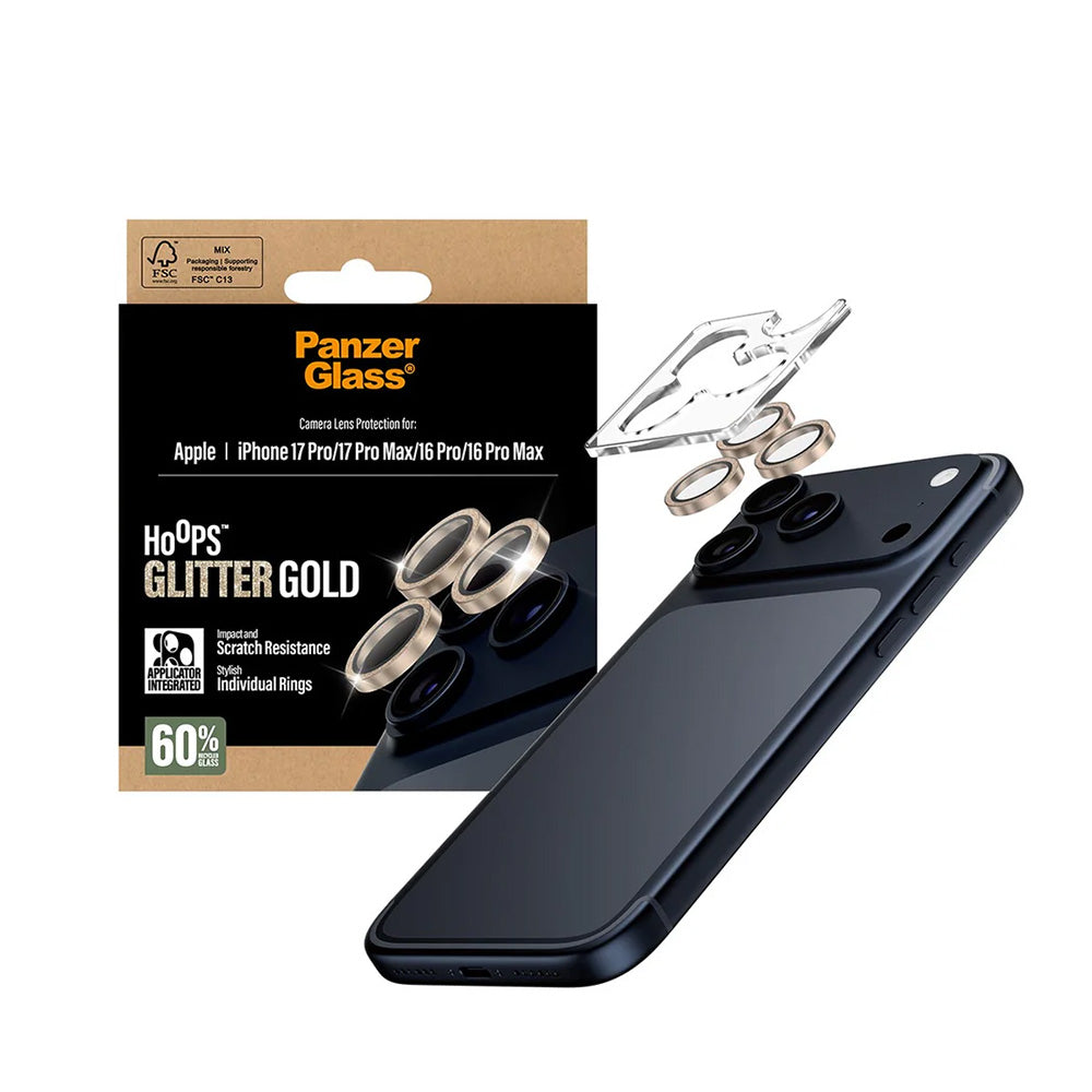 Защитно фолио за задна камера PanzerGlass Hoops Glitter за Apple iPhone 17 Pro Max / 17 Pro / 16 Pro Max / 16 Pro, Закалено стъкло, Златисто