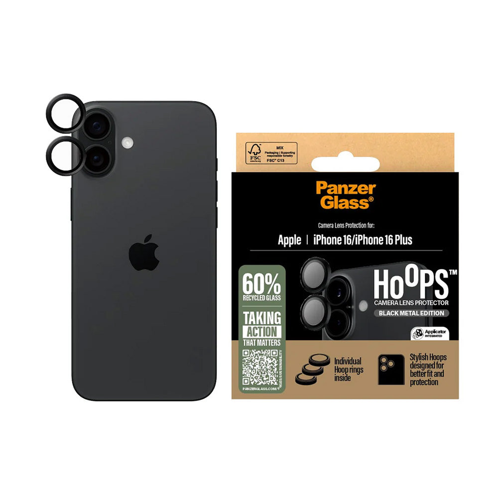 Защитно фолио за задна камера PanzerGlass Hoops за Apple iPhone 16 Plus / 16, закалено стъкло, черно