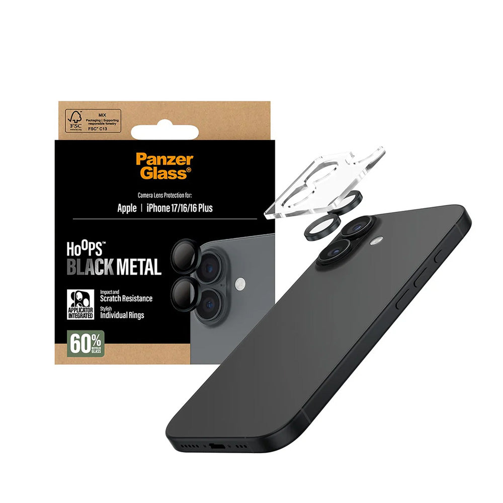 Защитно фолио за задна камера PanzerGlass Hoops за Apple iPhone 17 / 16 Plus / 16, Закалено стъкло, Черно