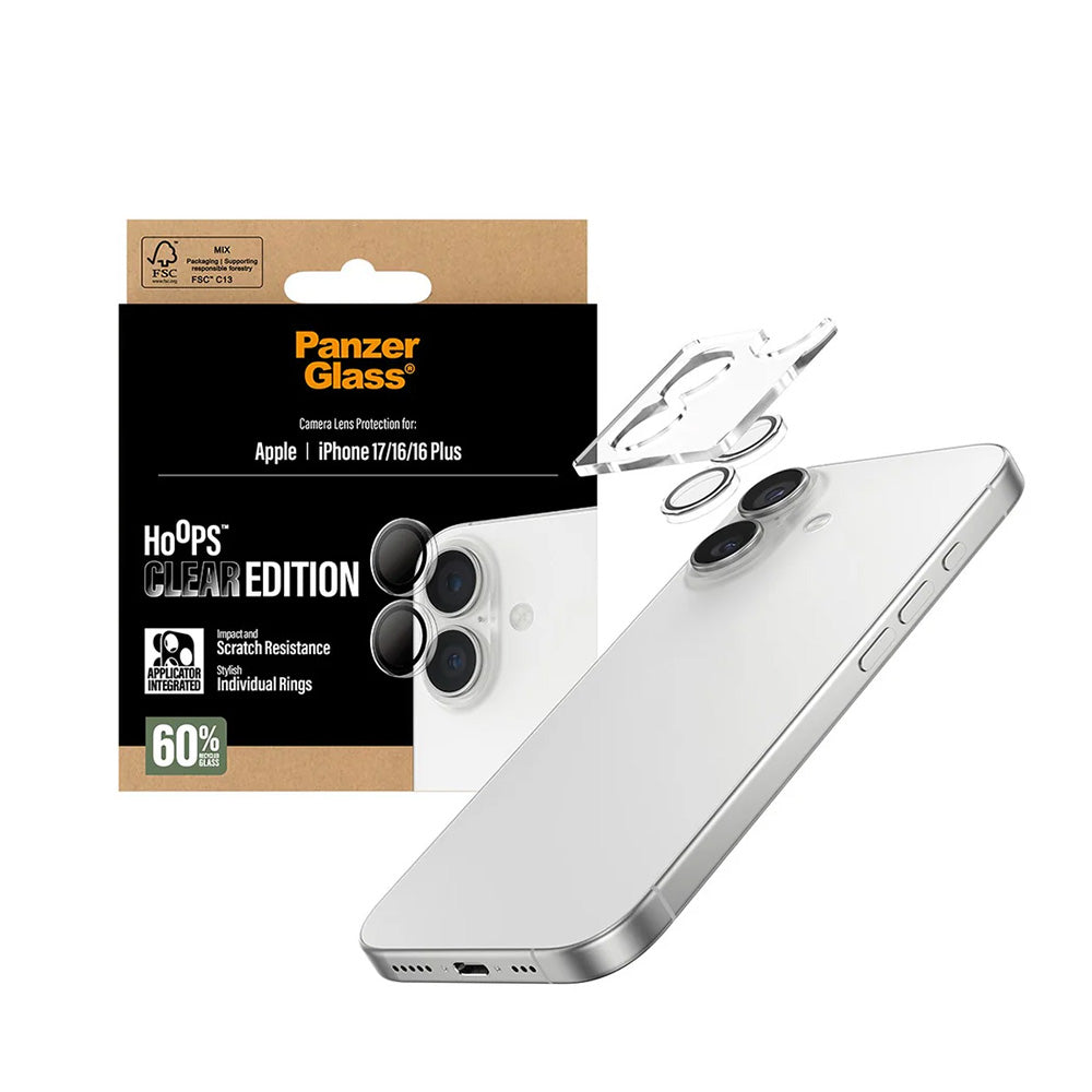 Защитно фолио за задна камера PanzerGlass Hoops за Apple iPhone 17 / 16 Plus / 16, Закалено стъкло, Прозрачно