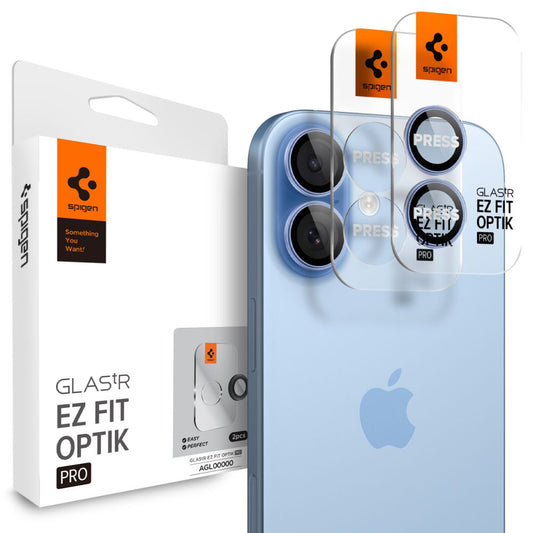 Протектор за задна камера Spigen GlastR EZ FIT Optik Pro за Apple iPhone 17 / 16 Plus / 16, закалено стъкло, комплект от 2 броя, синьо