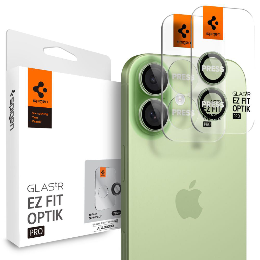 Защитно фолио за задна камера Spigen GlastR EZ FIT Optik Pro за Apple iPhone 17 / 16 Plus / 16, Закалено стъкло, Комплект 2 броя, Зелено AGL10128