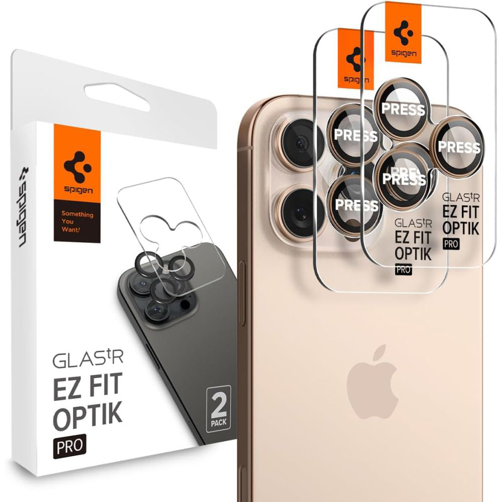 Защитно фолио за задна камера Spigen GlastR EZ FIT Optik Pro за Apple iPhone 16 Pro, закалено стъкло, комплект от 2 броя, бронз AGL08862