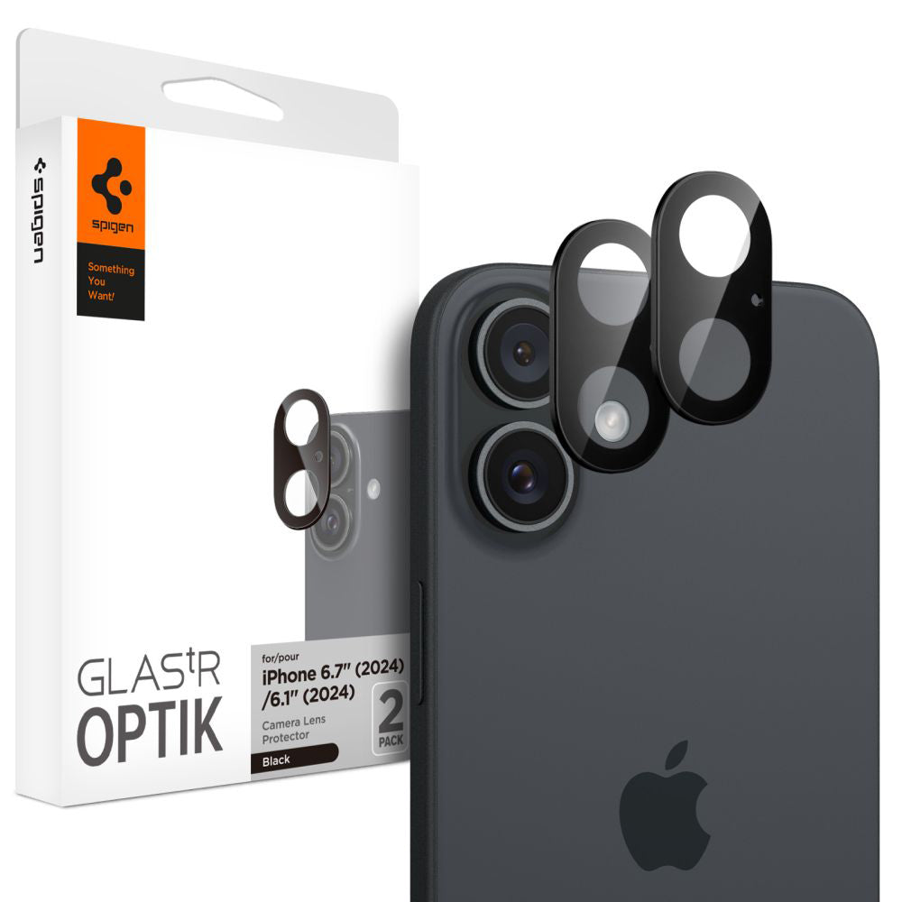 Защитно фолио за задна камера Spigen GlastR Optik за Apple iPhone 16 Plus / 16, закалено стъкло, комплект от 2 броя, черно AGL07922