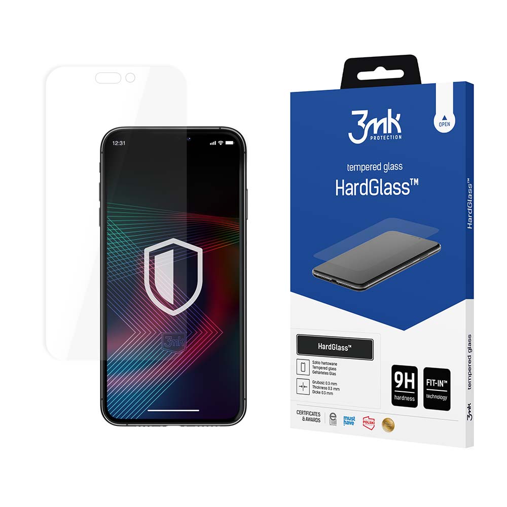 3MK HardGlass Screen Protector за Apple iPhone 14 Pro, твърдо стъкло, пълно залепване