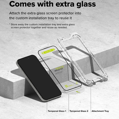 Ringke Easy Slide Screen Protector за Apple iPhone 16 / 15, със стъклена защита, с пълно лепило, комплект 2 броя, черен