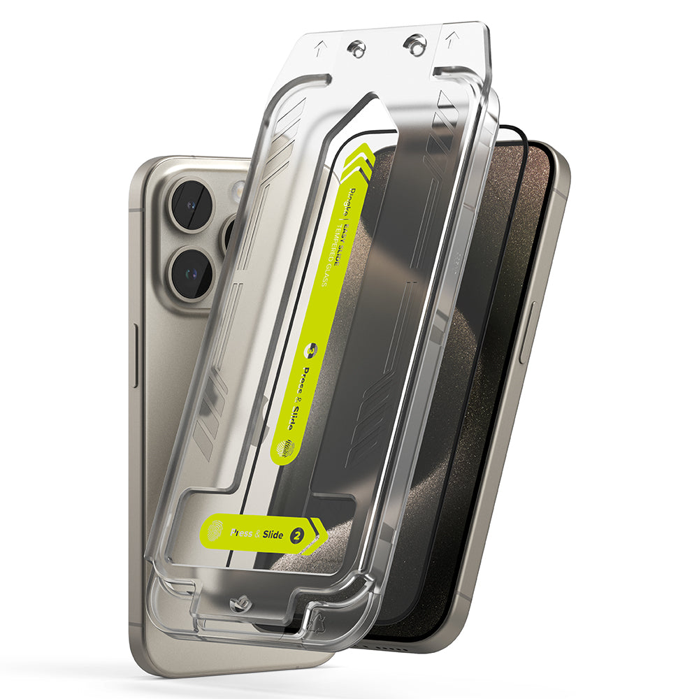 Защитно фолио за екран Ringke Easy Slide за Apple iPhone 15 Pro Max, закалено стъкло, пълно залепване, комплект от 2 броя, черно