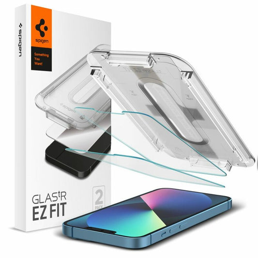Защитно фолио за екран Spigen GlastR EZ FIT за Apple iPhone 17e / 16e / 14 / 13 Pro, закалено стъкло, пълно залепване, комплект от 2 броя AGL03385