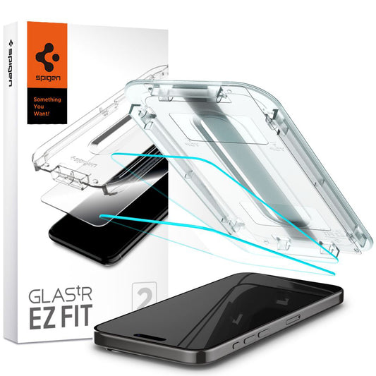 Защитно фолио за екран Spigen GlastR EZ FIT за Apple iPhone 15 Pro Max, закалено стъкло, пълно лепило, комплект 2 броя AGL06872