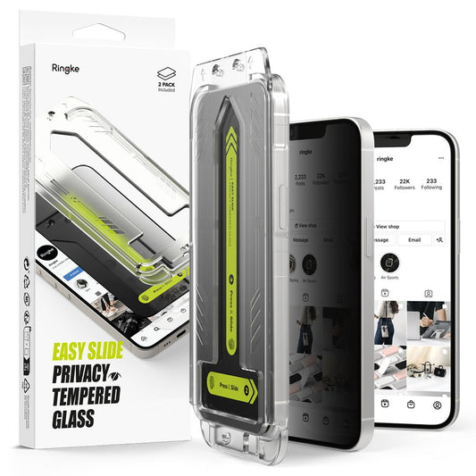 Защитно фолио за екран Privacy Ringke Easy Slide за Apple iPhone 16e / 14 / 13 Pro / 13, Закалено стъкло, Пълно залепване, Комплект 2 броя