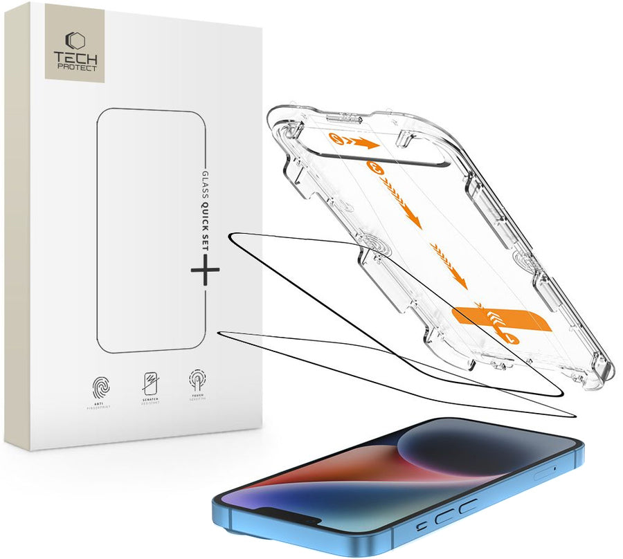 Защитно фолио за екран Tech-Protect Quick Set+ за Apple iPhone 17e / 16e / 14 / 13 Pro, Закалено стъкло, Пълно залепване, Комплект 2 броя, Черно