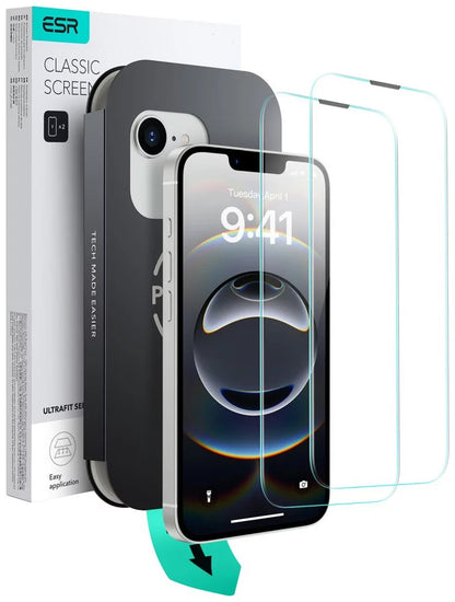 Защитно фолио ESR Ultrafit за екран на Apple iPhone 17e / 16e / 14 / 13 Pro, закалено стъкло, пълно лепило, комплект от 2 броя