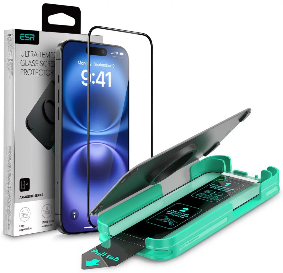 Защитно фолио ESR Armorite за екран на Apple iPhone 16, закалено стъкло, пълно залепване, черно