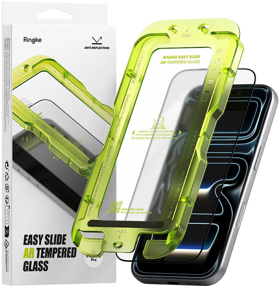 Протектор за екран Ringke Easy Slide AR за Apple iPhone 17 Pro, закалено стъкло, пълно залепване, 2.5D, черен