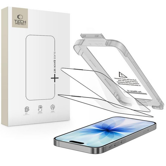 Tech-Protect Quick Set+ Screen Protector for Apple iPhone 17, Tempered Glass, Full Glue, Set of 2 pieces, Black