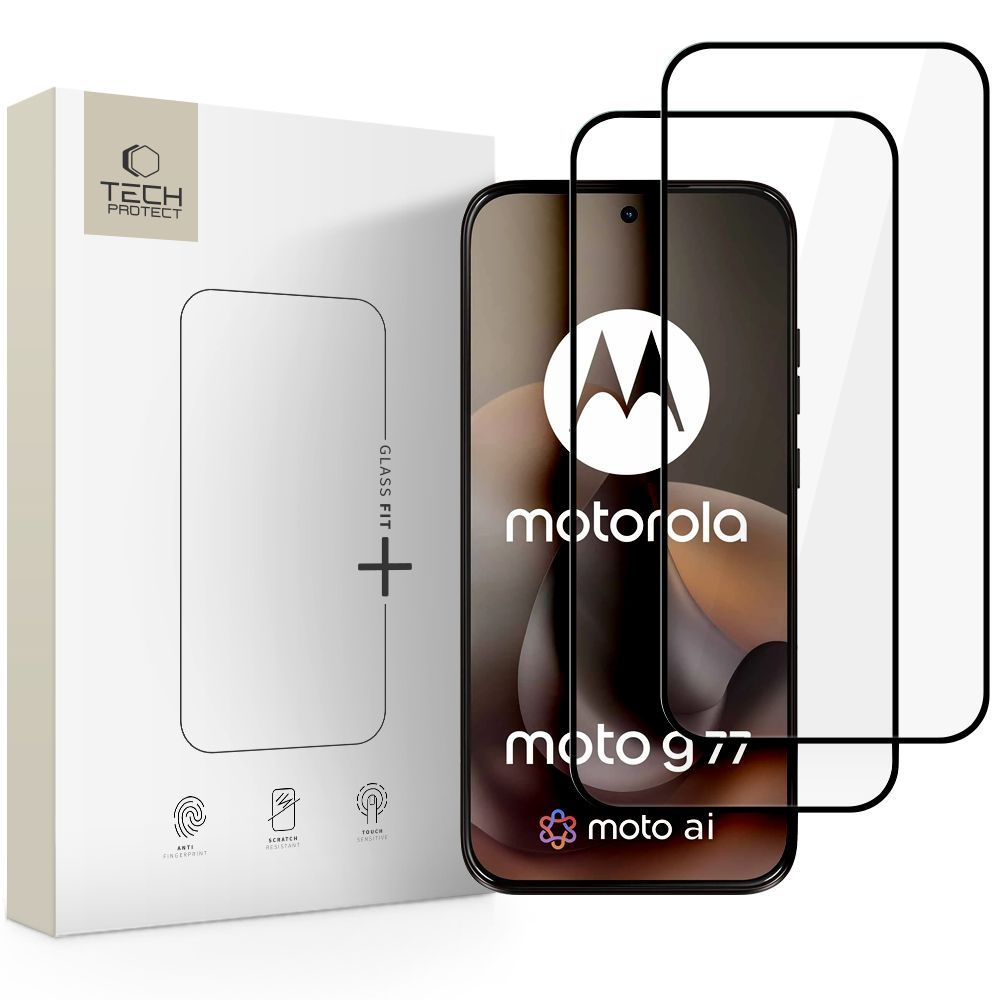 Протектор за екран Tech-Protect FIT+ за Motorola Moto G77 / G67, закалено стъкло, пълно залепване, комплект от 2 броя, 2.5D, черен