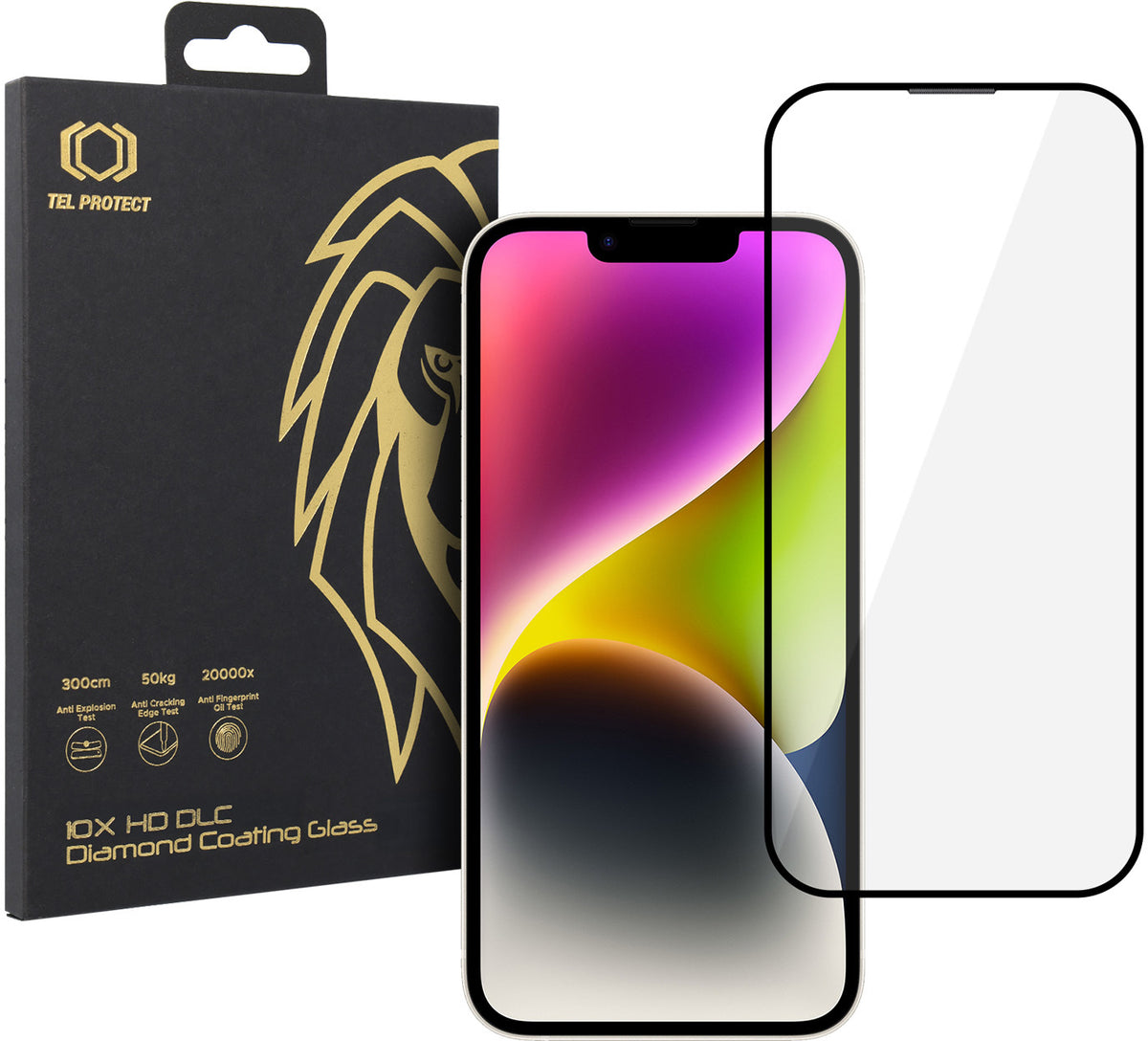 Протектор за екран Tel Protect 10X HD DLC Diamond Coating за Apple iPhone 17e / 16e / 14 / 13 Pro / 13, закалено стъкло, Full Glue, черен