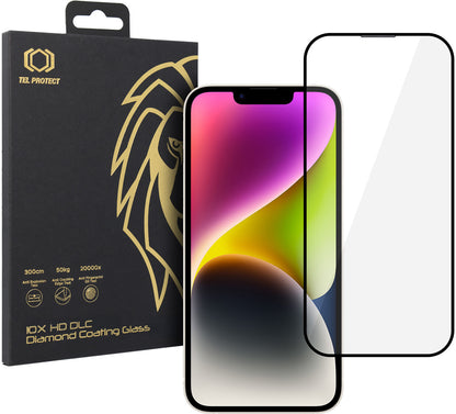 Протектор за екран Tel Protect 10X HD DLC Diamond Coating за Apple iPhone 17e / 16e / 14 / 13 Pro / 13, закалено стъкло, Full Glue, черен